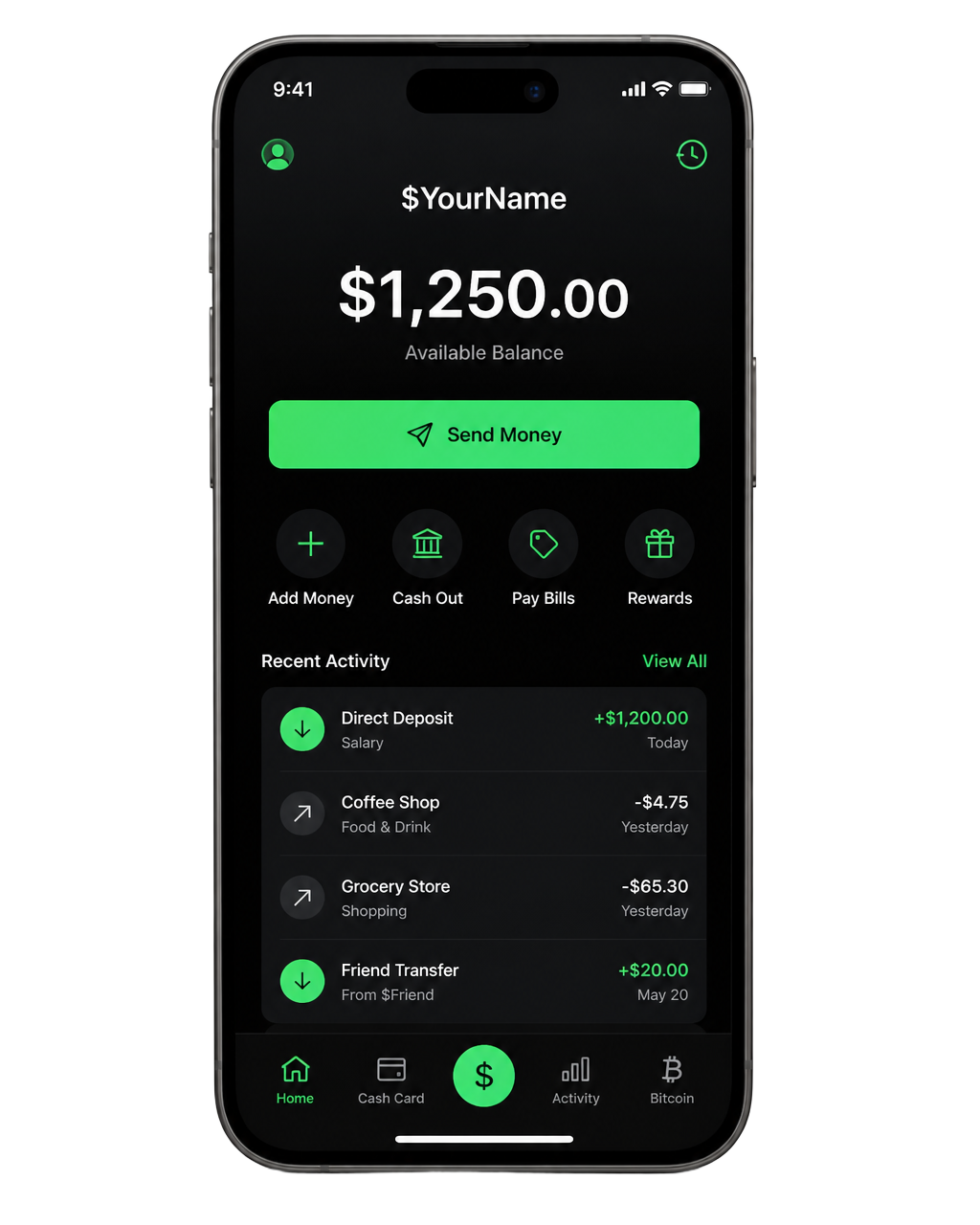 TRUPAY mobile app showing cashtag balance and send money interface